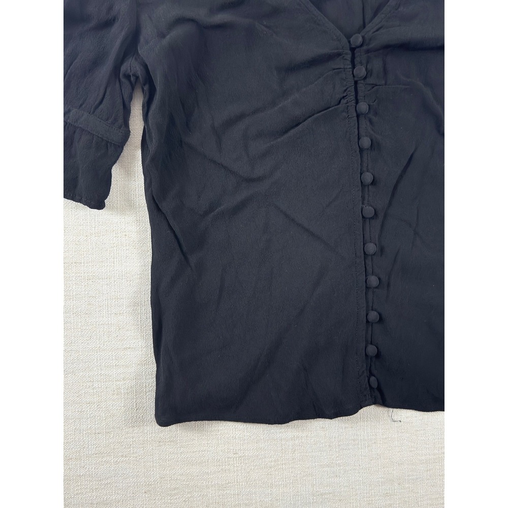 Madewell Blouse Womens 2 Black V Neck Button Front Puff Sleeve Ruffle Top - Picture 6 of 10
